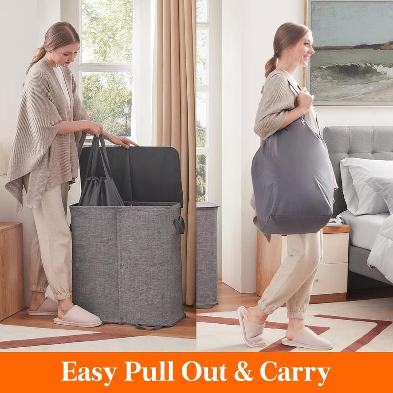 Double Laundry Hamper with Lid and Removable Laundry Bags, Large Collapsible 2 Dividers Dirty Clothes Basket with Handles for Laundry Room Organiser