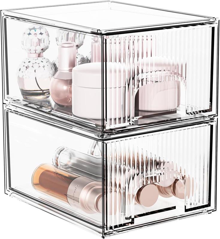 2 Pack Striped Stackable Acrylic Makeup Drawers Organizer, Makeup Organizer Box with Drawers for Skincare Vanity Bathroom Pantry Organization Gift