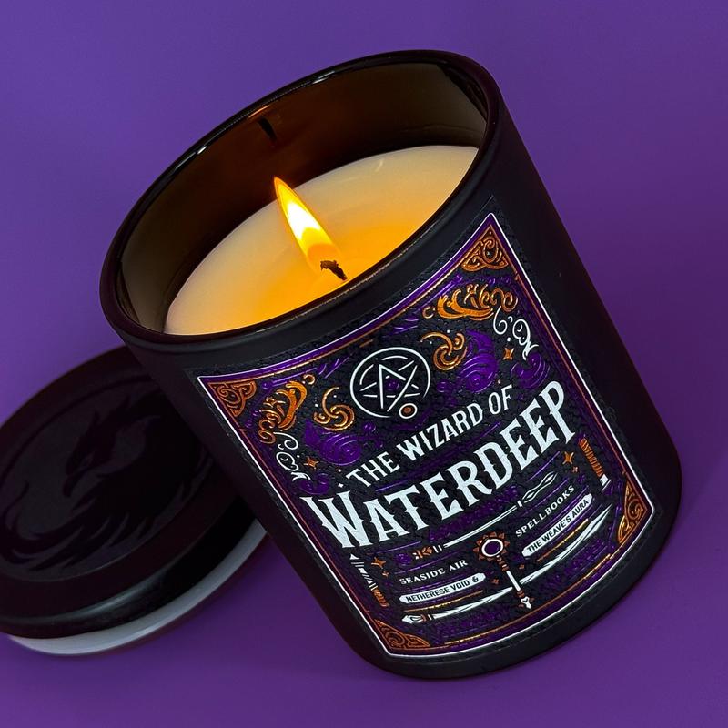 The Wizard of Waterdeep - 8oz Scented Candle - Seaside Air, Spellbooks, Enchanted Oak, Lavender - Natural Coconut Wax - 35 h Burn Time - Premium Foil Label - Gaming Aroma Decor