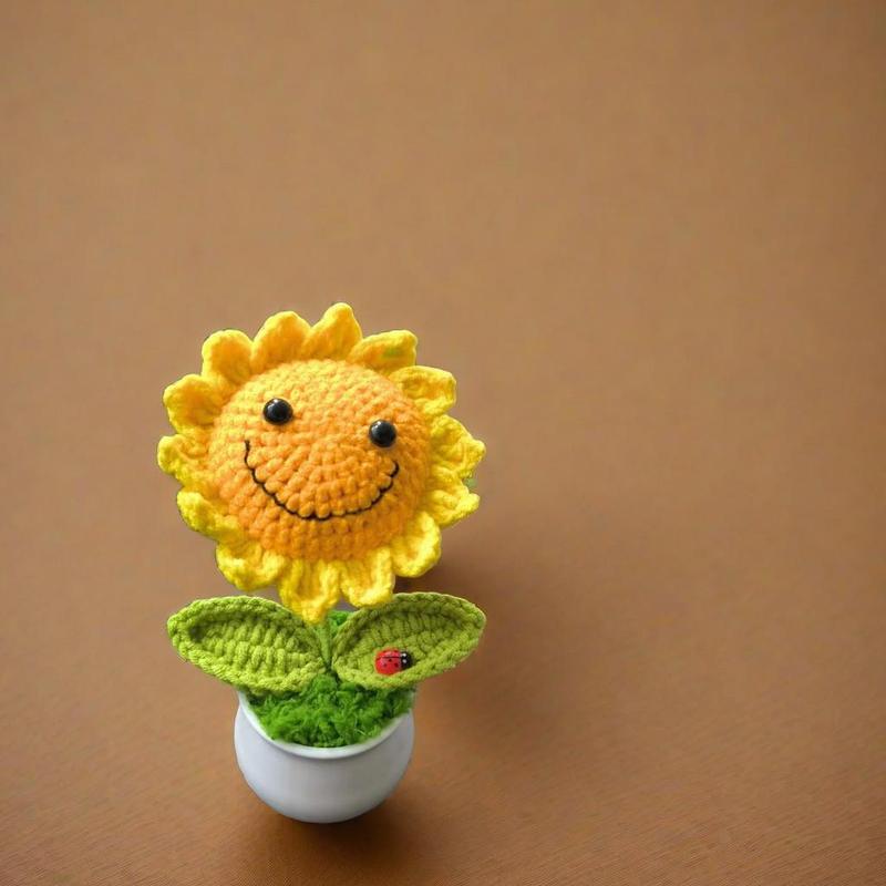 Handmade Mini Crochet Sunflower Potted Plant, 1 Count Artificial Potted Sunflower Decorative Flower, Desktop Decorative Ornaments for Home and Office