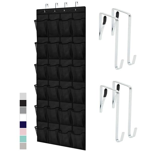 24 Pocket Over the Door Shoe Organizer, Mesh Pockets, Hang on Doors, Black - Up to 40 Pounds