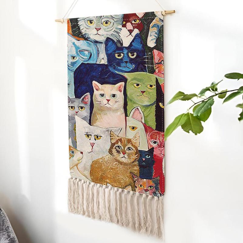 Creative Cat Print Tapestry, 1 Count Colorful Lovely Wall Hanging with Tassel, Wall Art Decor for Home Living Room Bedroom Gallery Dormitory