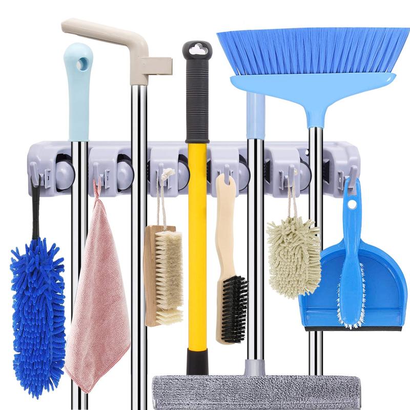 Wall Mount Broom Mop Holder Hanger Garden Tool Organizers Rack Garage Laundry Room Organizations and Storage with Hooks Heavy Duty Hangable