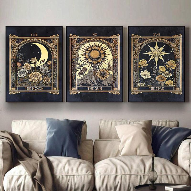 Vintage Tarot Pattern Unframed Painting, 3 Counts set Modern Mysterious Wall Art Poster, Wall Art Decor for Home Living Room Bedroom Office School