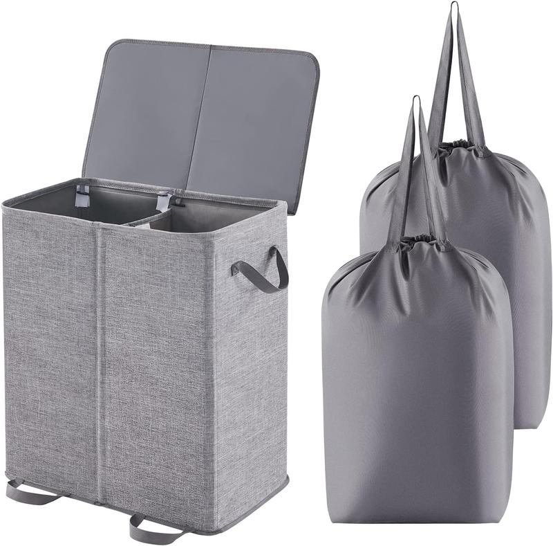 Double Laundry Hamper with Lid and Removable Laundry Bags, Large Collapsible 2 Dividers Dirty Clothes Basket with Handles for Laundry Room Organiser