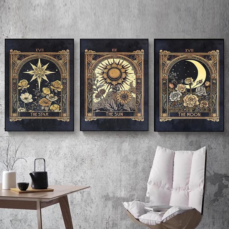 Vintage Tarot Pattern Unframed Painting, 3 Counts set Modern Mysterious Wall Art Poster, Wall Art Decor for Home Living Room Bedroom Office School