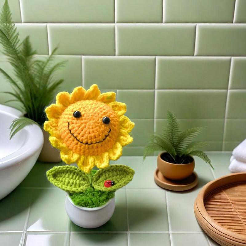 Handmade Mini Crochet Sunflower Potted Plant, 1 Count Artificial Potted Sunflower Decorative Flower, Desktop Decorative Ornaments for Home and Office