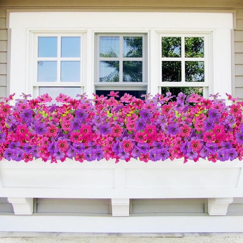 12 Bundles Artificial Flowers for Outdoors, UV Resistant Fake Outdoor Flowers No Fade Faux Outdoor Flowers Plants for Garden Porch Window Box Pot Planters Decor (Fuchsia+Rose Red)