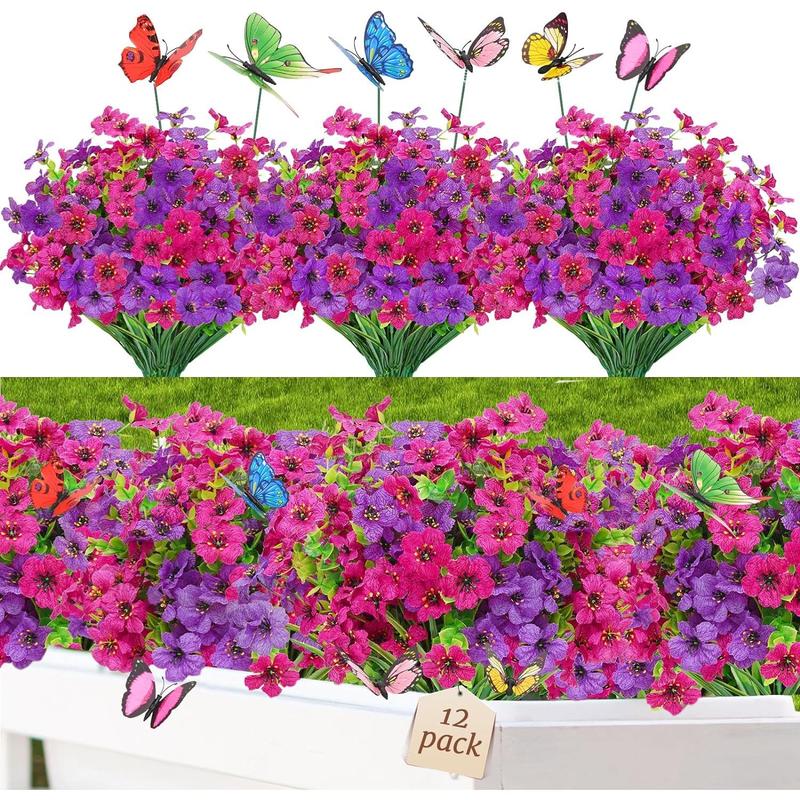 12 Bundles Artificial Flowers for Outdoors, UV Resistant Fake Outdoor Flowers No Fade Faux Outdoor Flowers Plants for Garden Porch Window Box Pot Planters Decor (Fuchsia+Rose Red)