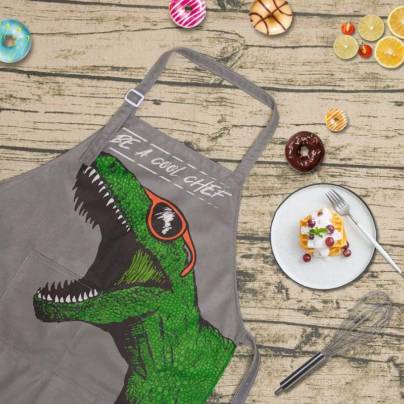 Apron and Chef Hat for Boys Dinosaur Child Aprons with Pockets, Child Apron for Cooking Baking Painting 3-12 Years