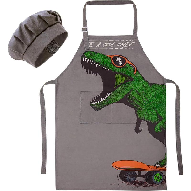 Apron and Chef Hat for Boys Dinosaur Child Aprons with Pockets, Child Apron for Cooking Baking Painting 3-12 Years