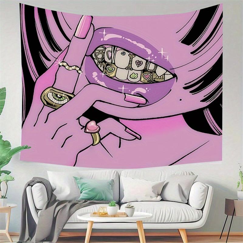 Christmas Gift -Cool Pink Lips and Eye Wall Tapestry, Trendy Cartoon Art Hanging Decor, Polyester Fiber Bedroom Living Room Tapestry