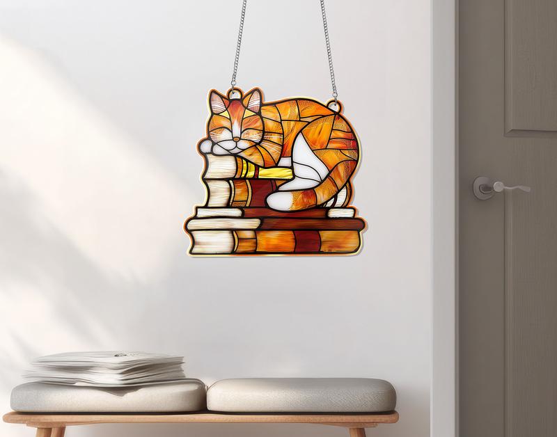 Orange Cat on The Books Acrylic Hanging Decor, Acrylic Window Hanging, Cat Mom Gift, Book Lover's Gift, FAUX Stained Glass, Cat Gifts Stainless Steel