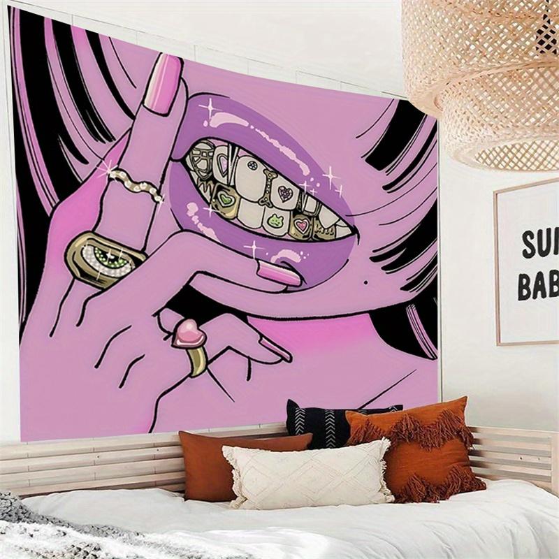 Christmas Gift -Cool Pink Lips and Eye Wall Tapestry, Trendy Cartoon Art Hanging Decor, Polyester Fiber Bedroom Living Room Tapestry