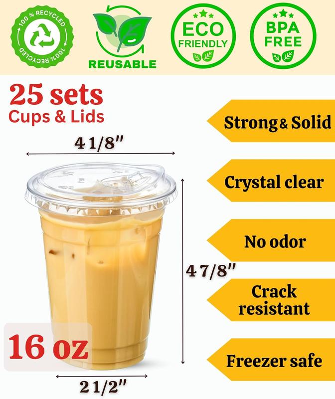 16 oz Clear Plastic Cups with Sip-Lids, 25 Sets Disposable Coffee Cups Plastic Iced Coffee Cups with Strawless Lids, To Go Coffee Cups for Smoothie, Milkshake, Cold Drinks