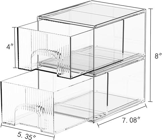 2 Pack Striped Stackable Acrylic Makeup Drawers Organizer, Makeup Organizer Box with Drawers for Skincare Vanity Bathroom Pantry Organization Gift