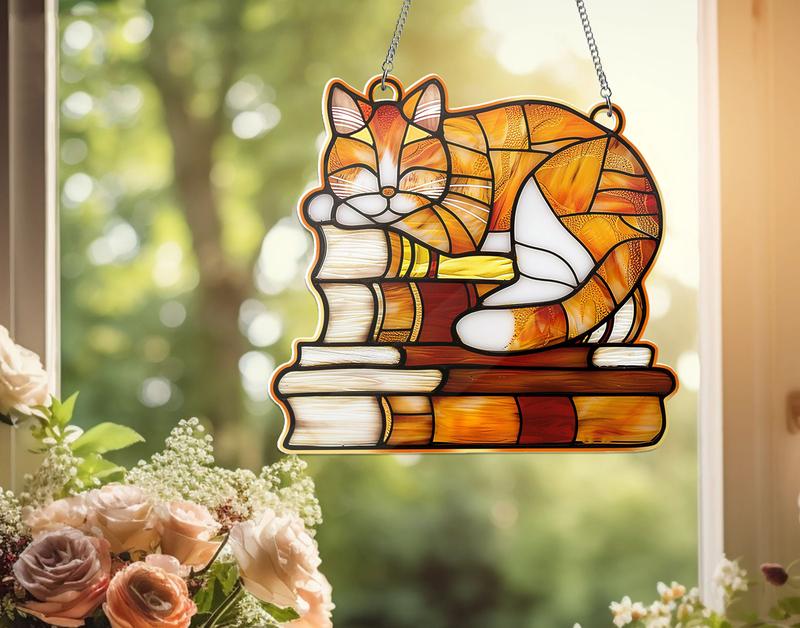 Orange Cat on The Books Acrylic Hanging Decor, Acrylic Window Hanging, Cat Mom Gift, Book Lover's Gift, FAUX Stained Glass, Cat Gifts Stainless Steel