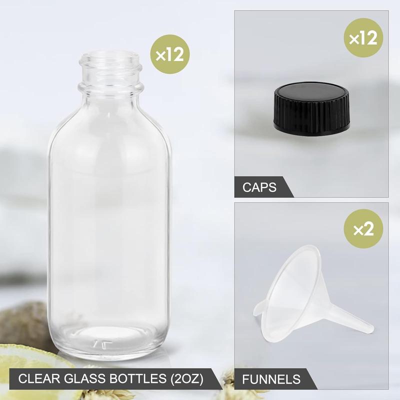 2OZ Small Glass Bottles with Lids and Funnels, 60ml Boston Round Glass Bottles,  for Diy Essential Oils, Perfumes, Whiskey and Juices, 12 Pack Clear Organiser Tin