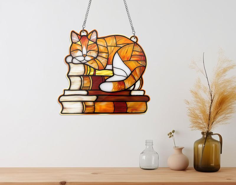 Orange Cat on The Books Acrylic Hanging Decor, Acrylic Window Hanging, Cat Mom Gift, Book Lover's Gift, FAUX Stained Glass, Cat Gifts Stainless Steel