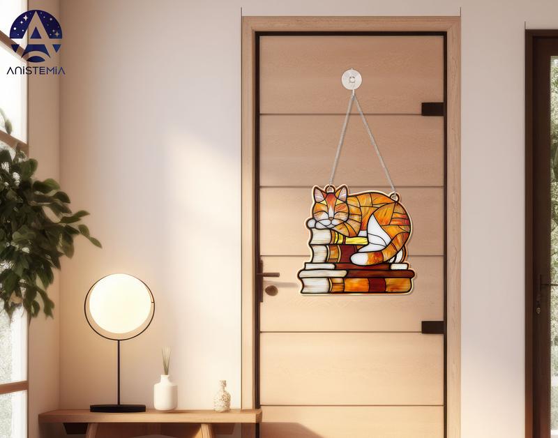 Orange Cat on The Books Acrylic Hanging Decor, Acrylic Window Hanging, Cat Mom Gift, Book Lover's Gift, FAUX Stained Glass, Cat Gifts Stainless Steel