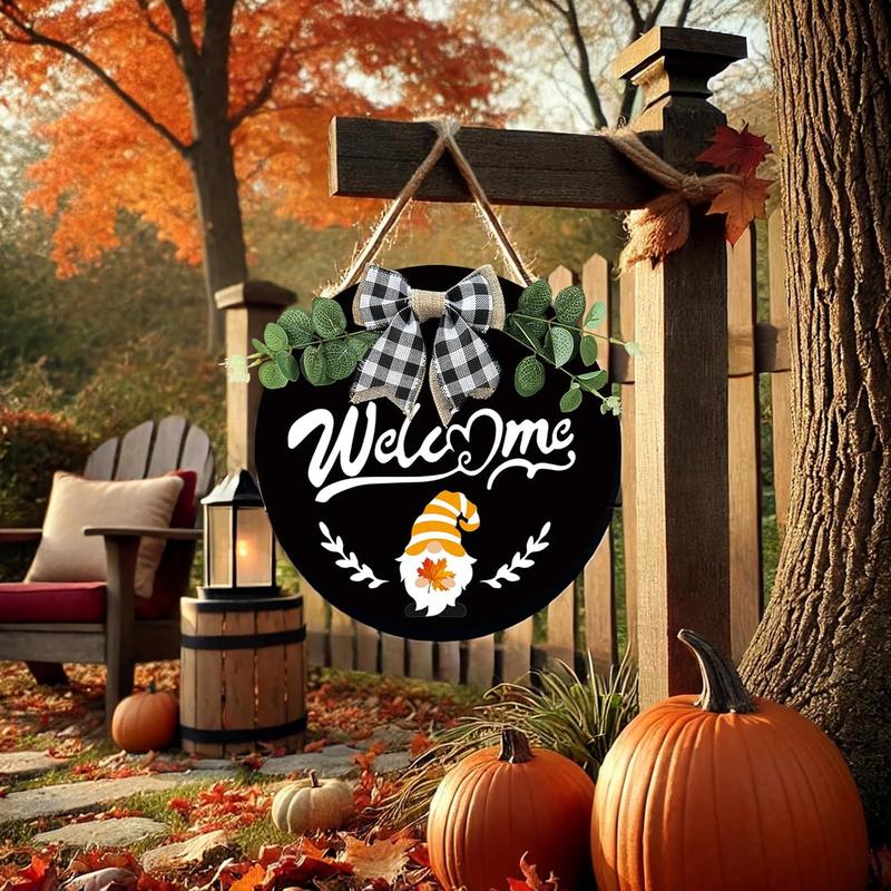 Wooden Interchangeable Welcome Sign for Front Door- 12 Inches Seasonal Gnome Decor - Fall Wreath for Home Classroom - Hanging Ornaments Farmhouse Gift