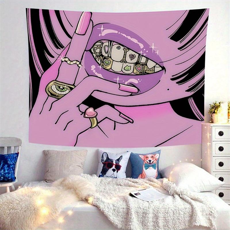 Christmas Gift -Cool Pink Lips and Eye Wall Tapestry, Trendy Cartoon Art Hanging Decor, Polyester Fiber Bedroom Living Room Tapestry