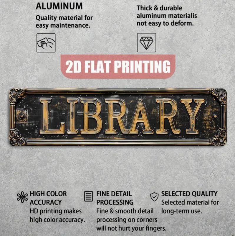 Vintage Style Library Sign, 2D Flat Printed Aluminum Decorative Plaque, 15.7