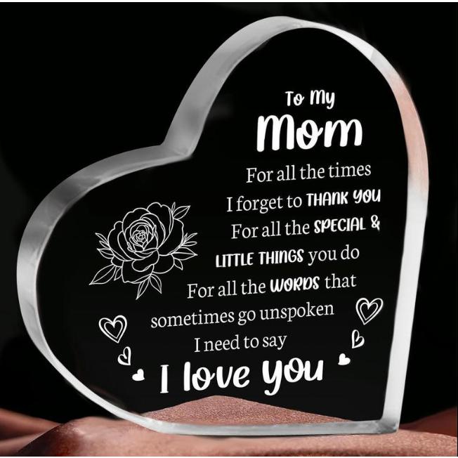 Heart Shaped Acrylic Block, Flower & Letter Pattern Decorative Ornament, Room Decor Inspirational Creative Gift for Mom Mother Souvenir