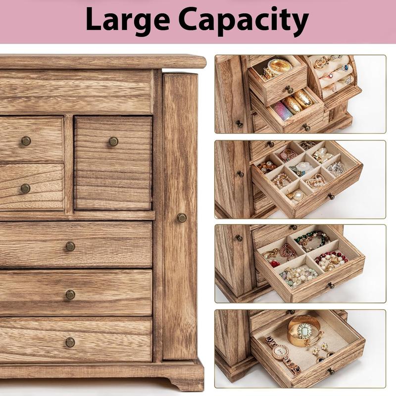 Jewelry Box for Women, Rustic Wooden Jewelry Boxes & Organizers with Mirror & Drawers,6 Layer Jewelry Organizer Box for Rings Earrings Necklaces Bracelets (Carbonized Black)