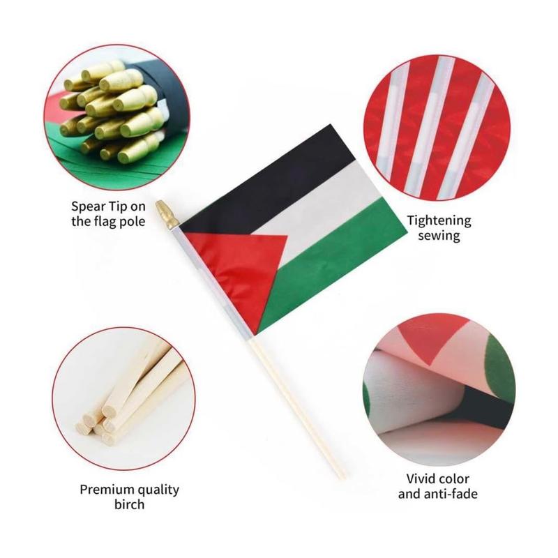 12 Pack Small 5X8 Inches Palestine Flags on Wood Stick, Water proof, Polyester