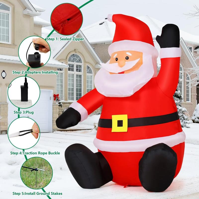 Christmas Santa Claus with Built-in LED Light, Light up Santa Sitting Raising Hand Outdoor Christmas Decoration, Blow UP Yard Decoration Ornaments