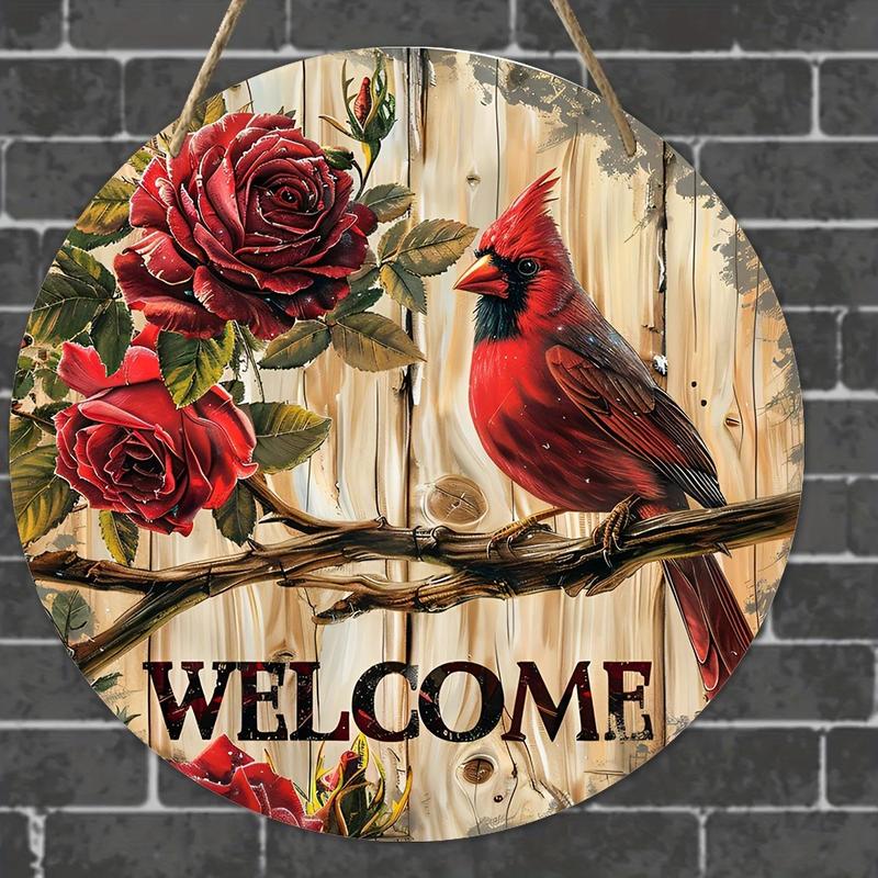 Cardinal & Rose Pattern Wooden Hanging Sign, Round Welcome Sign, Wall Hanging Decor for Home Living Room Bedroom, Ideal Christmas Gifts