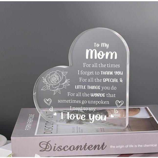 Heart Shaped Acrylic Block, Flower & Letter Pattern Decorative Ornament, Room Decor Inspirational Creative Gift for Mom Mother Souvenir