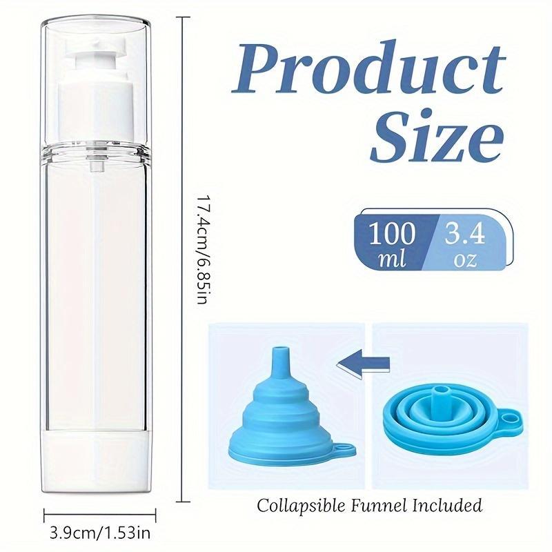 Clear Airless Pump Bottle, 6pcs 3.4oz 100ml Travel Pump Bottle, Refillable Cosmetic Container, Cosmetic Dispenser with Collapsible Funnel for Foundation, Lotion, Shampoo