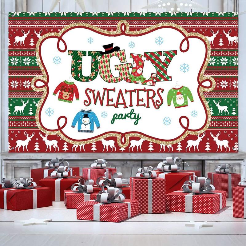 Christmas Backdrop Ugly Sweater Party Decoration Supplies Extra Large Fabric Red and Green Xmas Patterns Photography Background Winter Elfed Photo Booth Background Banner