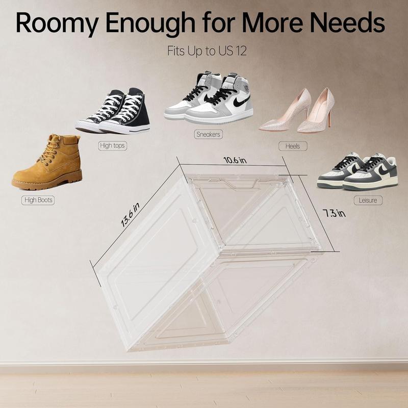 DELAMU Stylish Transparent Organizer Shoe Box: magnetic door, stackable stain-resistant design, reinforced material, suitable for shoes、bags and toys