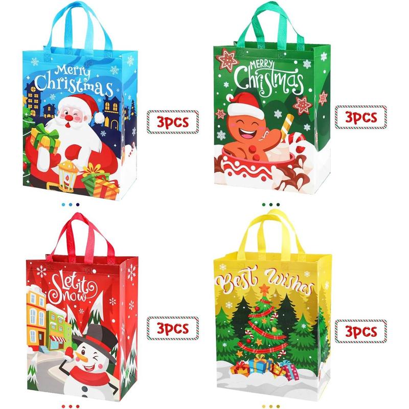 12 Pack Large Christmas Tote Bags with Handles, Reusable Gift Bag Non-Woven Grocery Shopping Totes for Holiday Xmas Party Supplies