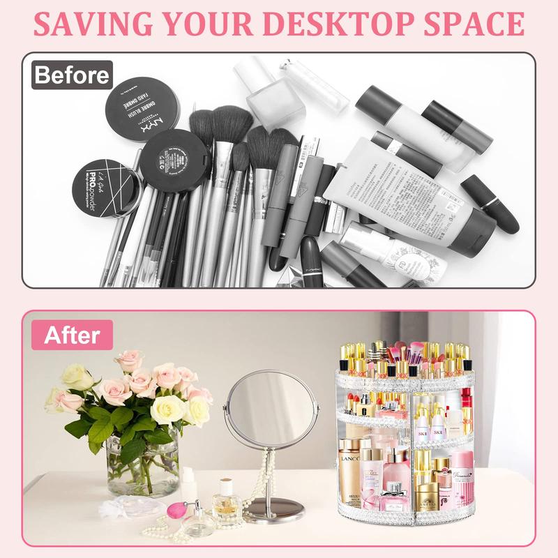 360 Rotating Makeup Organizers Countertop 7 Adjustable Layers Cosmetic Organizers Acrylic Makeup Organizers with 3 Layer Diamond Patterns Stand for Vanity and Bathroom Racks Smooth