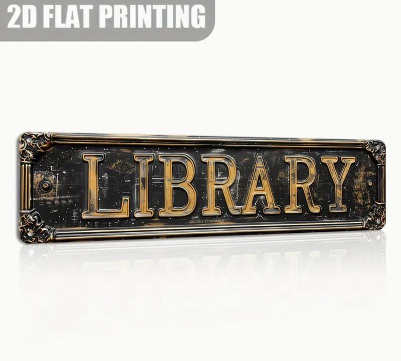 Vintage Style Library Sign, 2D Flat Printed Aluminum Decorative Plaque, 15.7