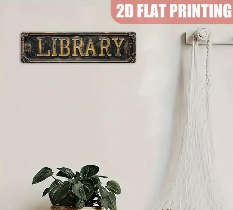 Vintage Style Library Sign, 2D Flat Printed Aluminum Decorative Plaque, 15.7