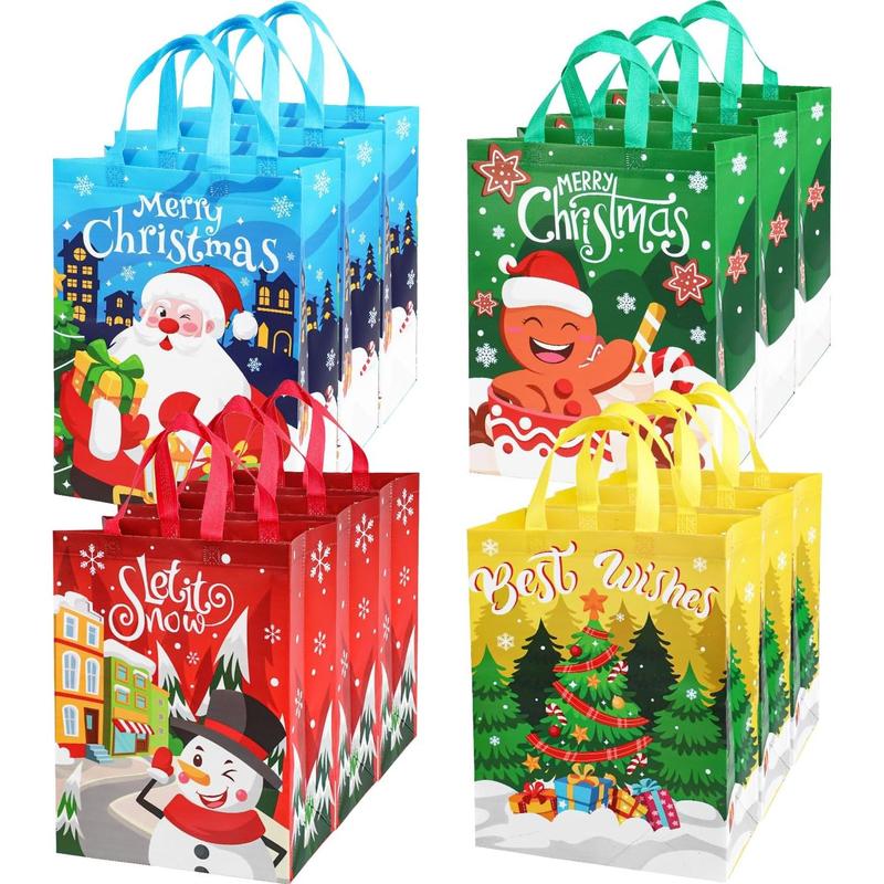 12 Pack Large Christmas Tote Bags with Handles, Reusable Gift Bag Non-Woven Grocery Shopping Totes for Holiday Xmas Party Supplies