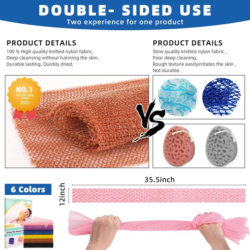 6 Pieces African Net Sponge African Exfoliating Net Long African Bath Sponge Washcloth Shower Net African Body Scrubber Net for Skin Smoother Daily Use(Pink,Yellow,Purple,Black,Blue,Brown)