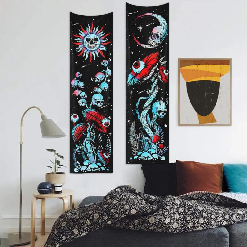 Skull & Mushroom Pattern Tapestry, 2pcs set Fantasy Plant Pattern Tapestry, Wall Hanging Decor for Home Living Room Bedroom