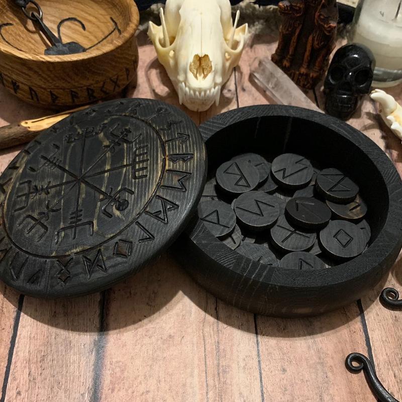 Vegvisir Rune Box w  Runes (Ebony) Norse Pagan Viking Heathen Viking Compass Elder Futhark Nordic Odin Thor