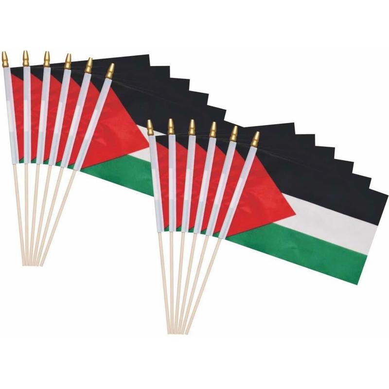 12 Pack Small 5X8 Inches Palestine Flags on Wood Stick, Water proof, Polyester