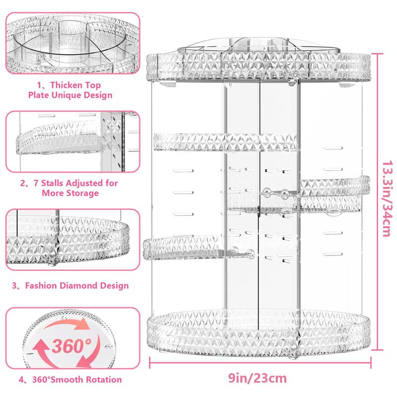 360 Rotating Makeup Organizers Countertop 7 Adjustable Layers Cosmetic Organizers Acrylic Makeup Organizers with 3 Layer Diamond Patterns Stand for Vanity and Bathroom Racks Smooth