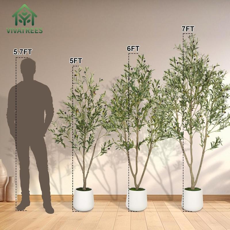 Olive Trees Artificial Indoor, 7FT Tall Faux Olive Tree with White Tall Planter, Artificial Plants with Natural Wood Trunk and Lifelike Fruits for Home Office Decor