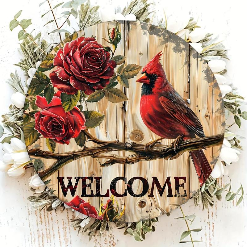 Cardinal & Rose Pattern Wooden Hanging Sign, Round Welcome Sign, Wall Hanging Decor for Home Living Room Bedroom, Ideal Christmas Gifts