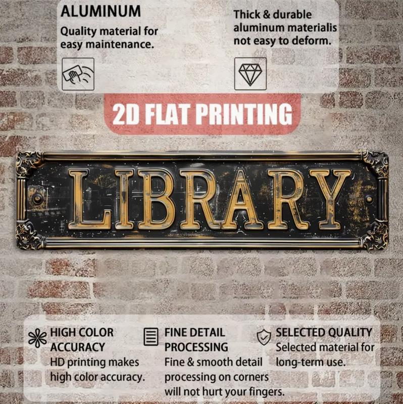 Vintage Style Library Sign, 2D Flat Printed Aluminum Decorative Plaque, 15.7