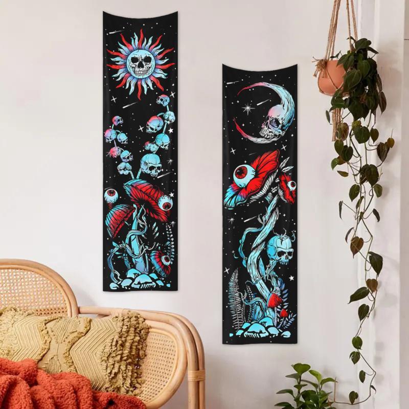 Skull & Mushroom Pattern Tapestry, 2pcs set Fantasy Plant Pattern Tapestry, Wall Hanging Decor for Home Living Room Bedroom